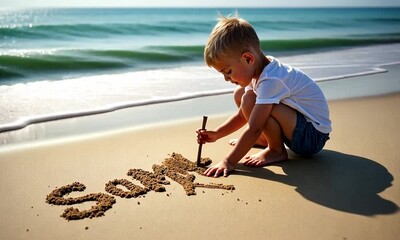 A child writing their name in sand with a stick as waves approach