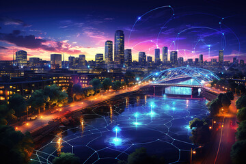 Fototapeta premium Superb Data theme hologram drawing on city view with skyscrapers