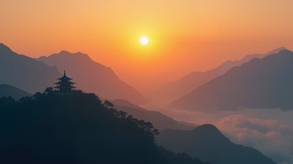 Fototapeta premium A mountain range with a sun setting behind a temple
