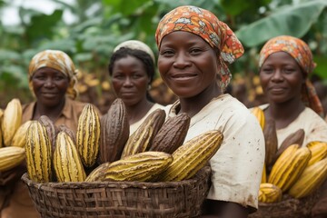African female farmers harvesting cocoa pods in lush plantation