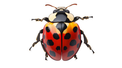 Naklejka premium A colorful ladybug with red and black spotted wings isolated on a transparent background, PNG
