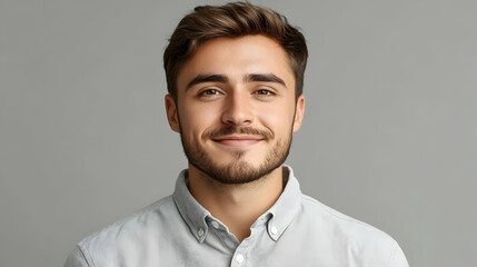Portrait of a Smiling Young Man with Short Brown Hair and a Gray Background, Photo Shoot.