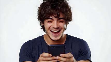 Young Man Laughs While Reading Funny Messages on His Mobile Phone Against a White Background.