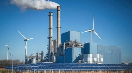 Industrial complex with wind turbines and solar panels.