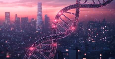 Digital double helix over a cityscape with DNA and digital connections, symbolizing the impact of AI technology on humanity in the future of science and engineering.
