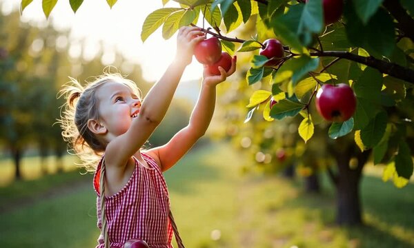 A child picking apples from a tree in an orchard