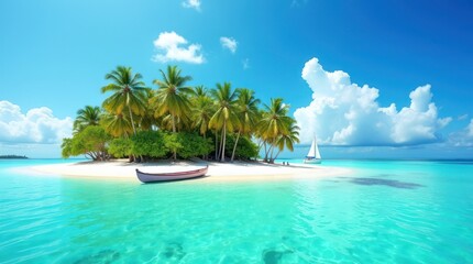 A tropical island paradise with palm trees fringes a white sand beach where turquoise sea meets the summer sky