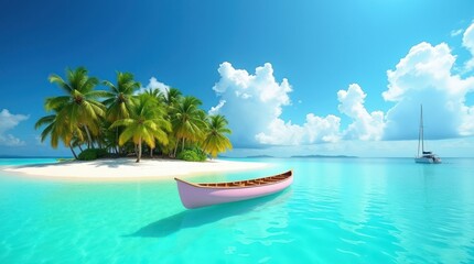 Fototapeta premium Turquoise ocean waters meet the sandy beach of a tropical island paradise fringed with swaying palm trees under a blue summer sky
