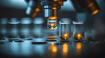 Microscope Lens Dispenses Liquid into Test Tubes in Laboratory Setting for Scientific Research