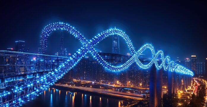 Digital double helix over cityscape with DNA and digital data connections, representing global banking and big tech collaboration in a high-tech scene, including icons of bioinformatics piercings.
