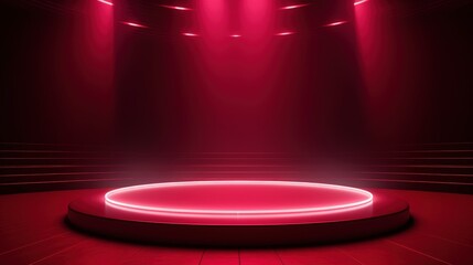 Illuminated Empty Stage with Red Spotlight Highlighting the Center of the Concert Space in a Dramatic Atmosphere for Events and Performances