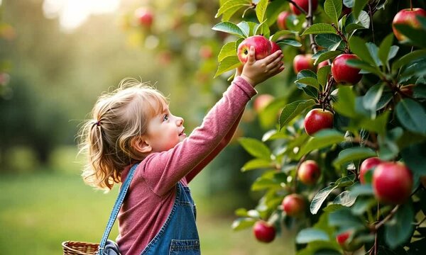 A child picking apples from a tree in an orchard
