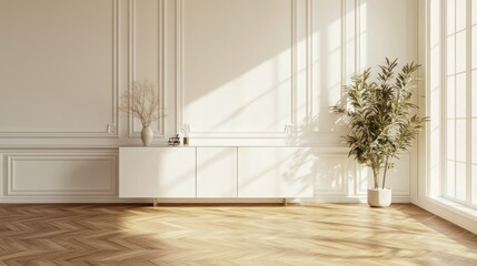 Sunlit minimalist room with white cabinet, plant, and wood floor.