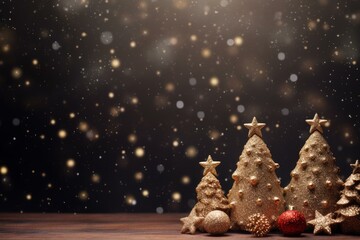 Golden christmas trees and ornaments are glittering on a wooden surface with falling snow in the...