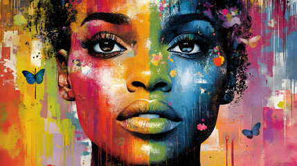 Colorful Woman Portrait with Butterflies illustrates vibrant colors, mixed media art, and expressive facial features beautifully.