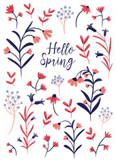 Hello Spring card with colorful floral design. File with transparence.