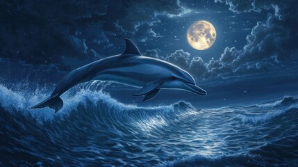Naklejka premium Dolphin leaping over waves at night under a full moon.