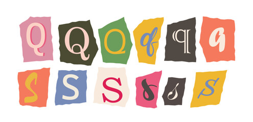 Stylized variations of the letters Q and S on colorful torn paper backgrounds, emphasizing creative typography and design. Vector illustration