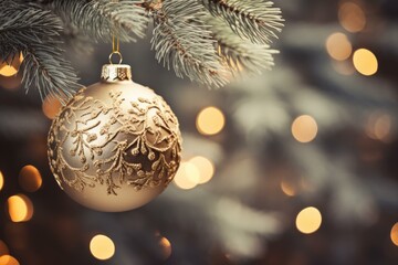 Elegant golden christmas ornament hanging on a christmas tree branch with blurred lights in the background, creating a festive atmosphere