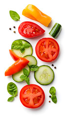 Naklejka premium Falling vegetable cut slices, isolated on white background