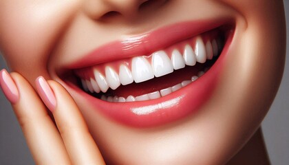 Fototapeta premium Close-up of perfect white teeth and healthy gums of a person. Oral hygiene and dental care concept