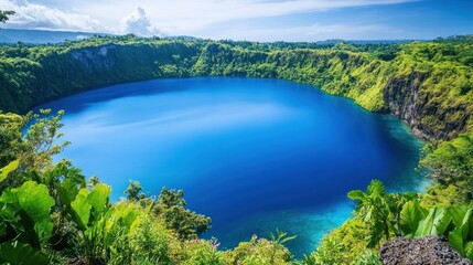 Fototapeta premium Blue lake surrounded by green hills, clouds in background, nature photography