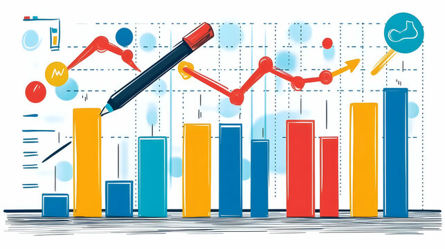 Colorful Bar Graph Illustration Shows Growth and Analysis with Upward Trend and Marker
