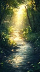 Obraz premium Sunlit Stream in a Lush Forest