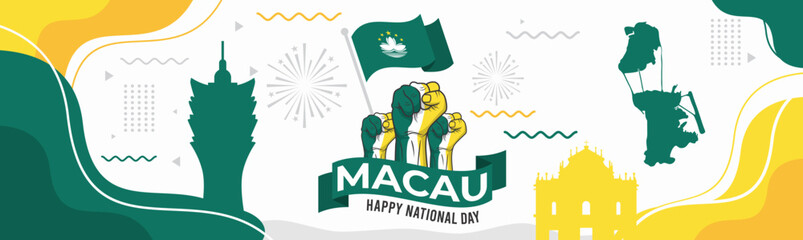 Macau happy national day greeting card, banner vector illustration. Macao holiday 1st of October design element with realistic flag  © Javed