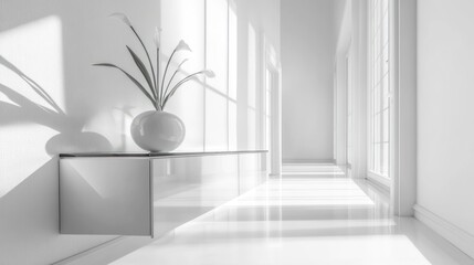 Minimalist white hallway with sunlight and flowers.