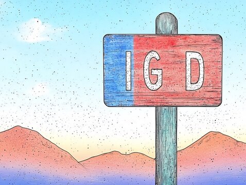 Whimsical Hand-Drawn Illustration: Mysterious IGD Signpost in a Serene Desert Landscape. AI Generated
