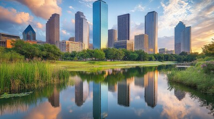 Obraz premium Glass-covered skyscrapers in a bustling city, reflecting the skyline and creating a dynamic urban aesthetic.