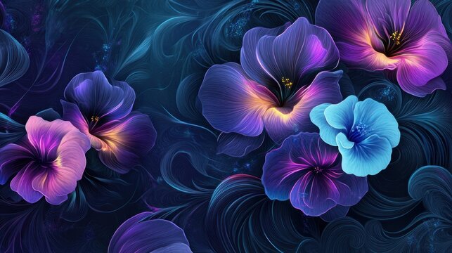 Fototapeta A seamless magical floral pattern with glowing purple and blue flowers, surrounded by swirling mist-like elements