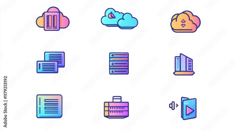 Poster database, network server and cloud storage icon. data storage and backup center, server service thin