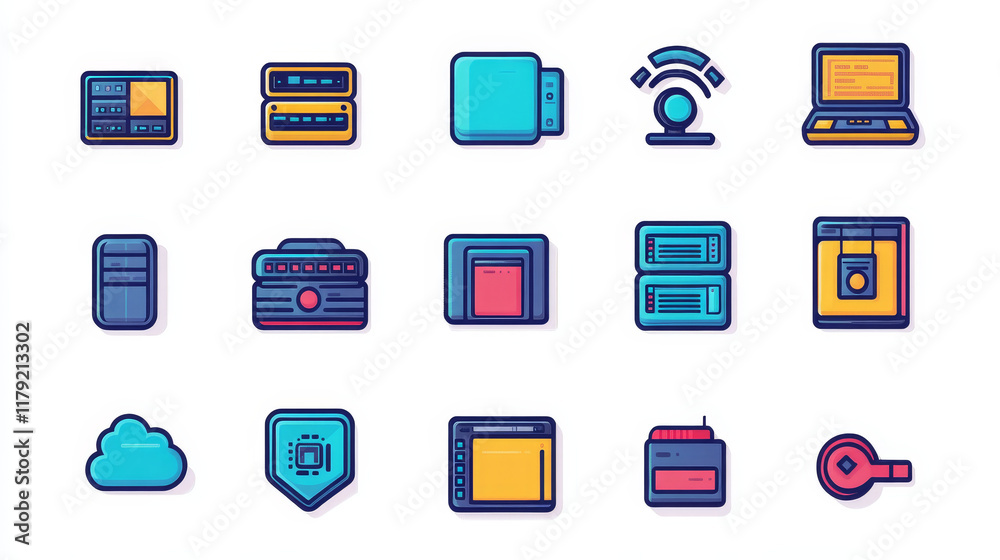 Poster database, network server and cloud storage icon. data storage and backup center, server service thin