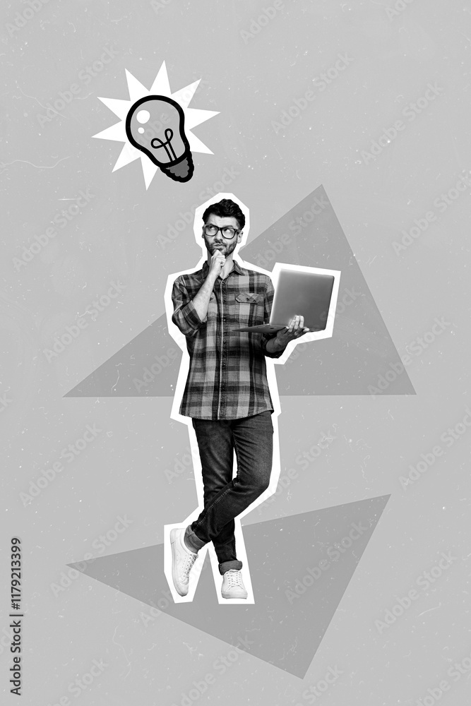 Poster 3d retro abstract creative collage artwork template of guy working twitter telegram facebook isolate