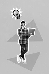 3d retro abstract creative collage artwork template of guy working twitter telegram facebook...