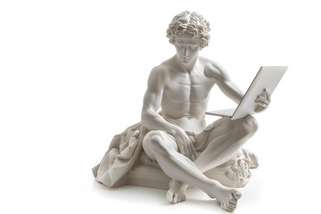 Obraz premium Realistic classic gypsum statue of man using a laptop for IT isolated on white background
