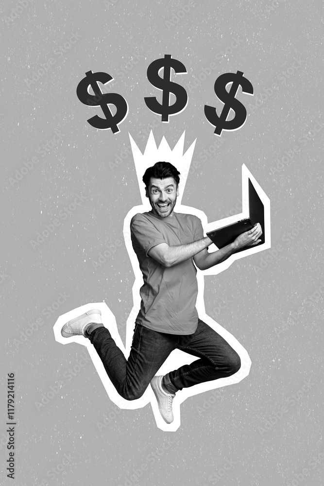 Aufkleber artwork composite collage photo of young jumping positive overjoyed trader hold netbook celebrate mo
