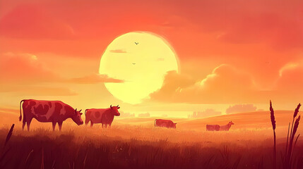 Cows graze peacefully in a field under a vibrant sunset sky.