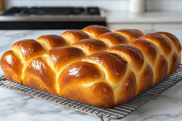 Freshly baked golden braided bread cooling on a wire rack in a bright kitchen