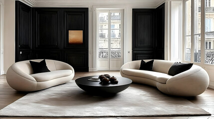 Elegant Living Room with Stylish Sofas and City View Enhances Modern Apartment with Elegance and Comfort.