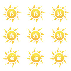 Protection from the sun. SPF icon set. Vector illustrationм