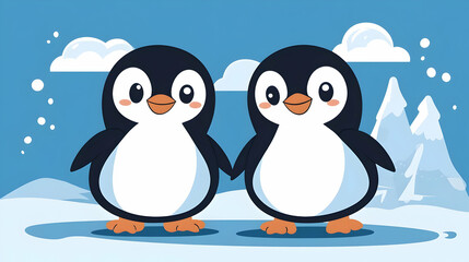 Naklejka premium Two Adorable Penguins Hold Hands in a Snowy Winter Wonderland