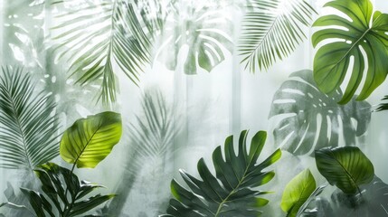 Obraz premium Lush tropical leaves and shadows on a misty background.