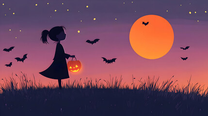 Silhouetted Child Carries a Jack-o'-Lantern under an Orange Moon and Bats Fly across a Purple Twilight Sky