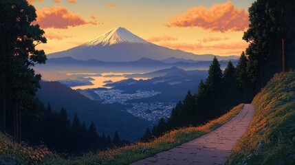 Panoramic sunset view of majestic mountain, valley, road, and forest.