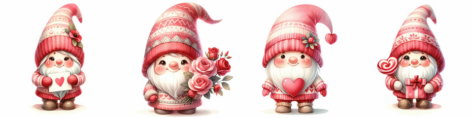 Fototapeta premium Cute gnomes in pink hats holding hearts and flowers, perfect for Valentine Day
