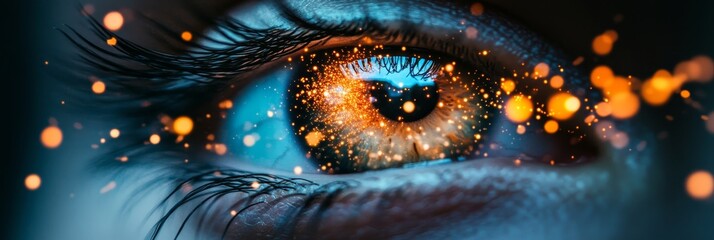 Close up of an eye with digital particles, concept of vision, technology, and futuristic design