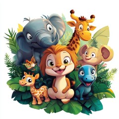 Naklejka premium Adorable Cartoon Animals Gather In Lush Tropical Foliage
